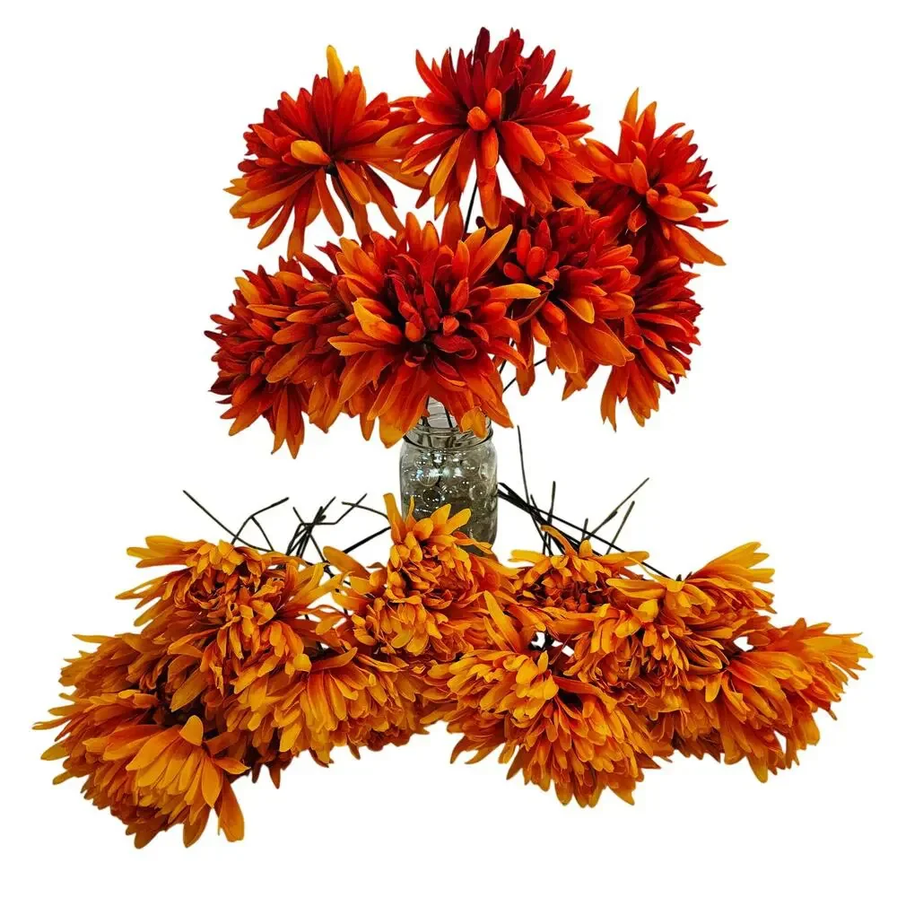 35 Pc Orange Yellow Artificial Silk Mum Flower Stem Fall Floral Crafts Decor Lot